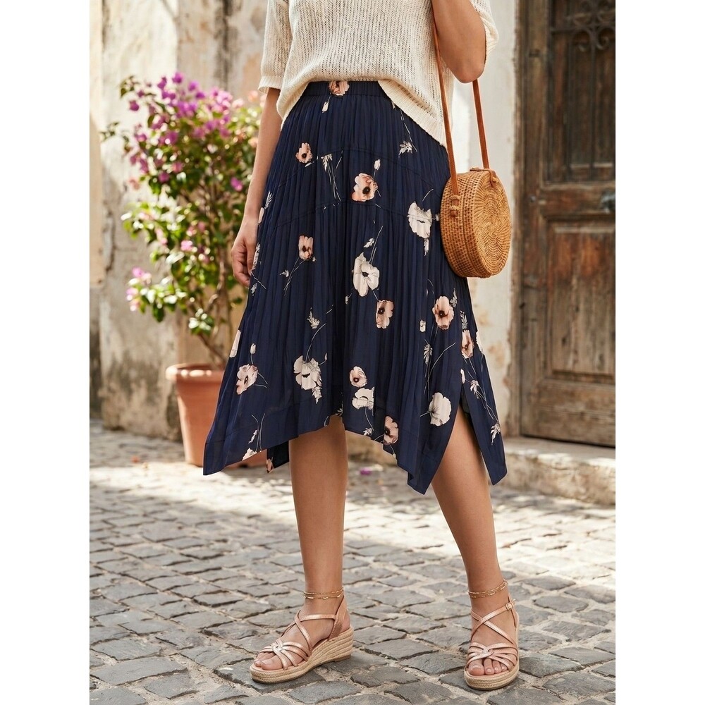 Vince Tossed Poppy Floral Pleated Skirt Marine Blue Asymmetric‎ NWT XS L $265
